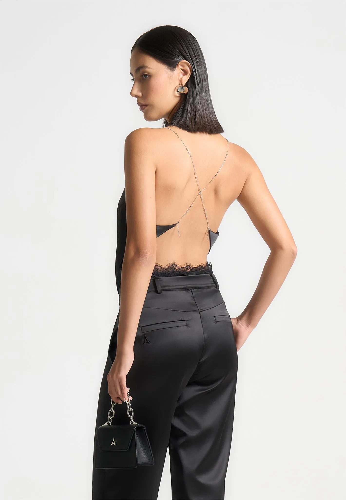 Satin Cowl Neck Top with Chain Detail - Black