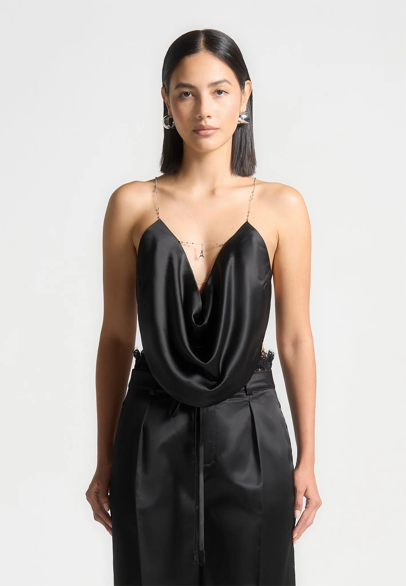 Satin Cowl Neck Top with Chain Detail - Black