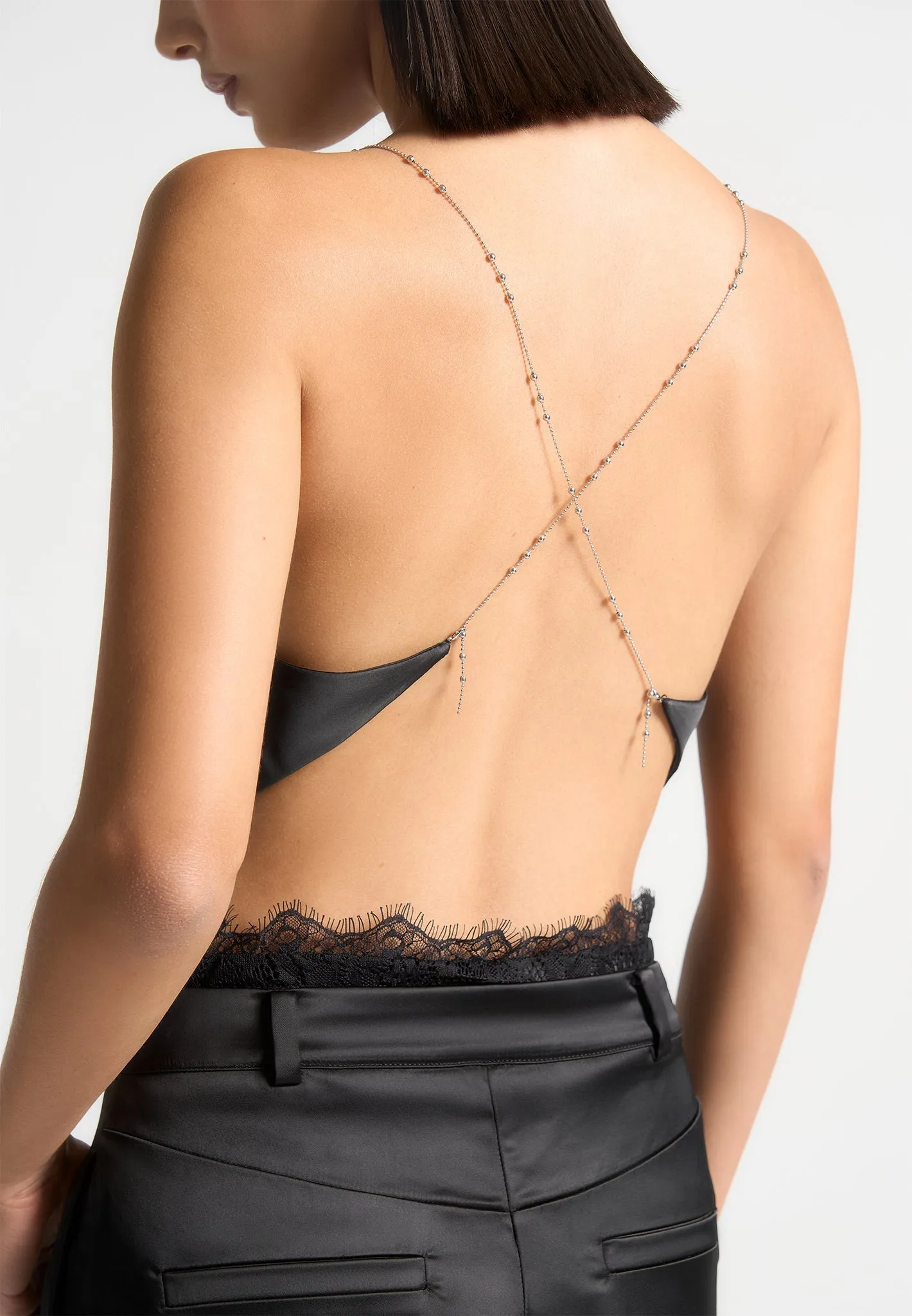 Satin Cowl Neck Top with Chain Detail - Black