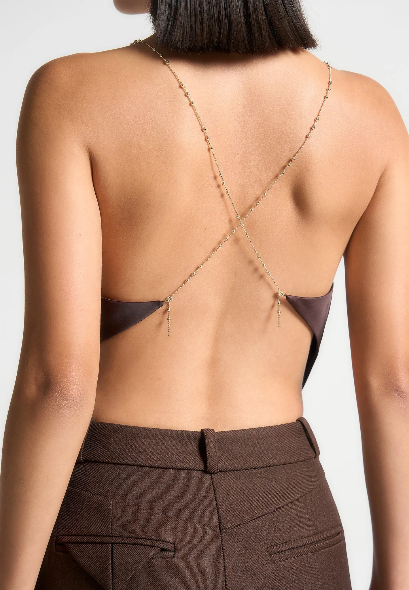 Satin Cowl Neck Top with Chain Detail - Brown