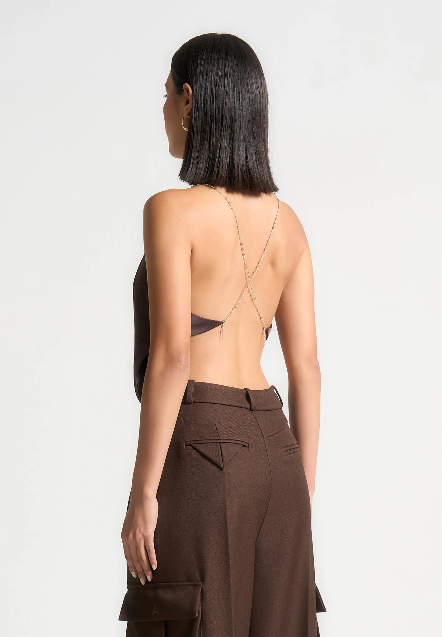 Satin Cowl Neck Top with Chain Detail - Brown