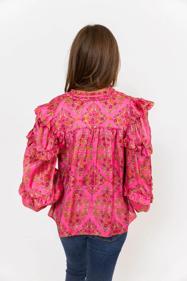 Satin Floral Ruffle Sleeve Top