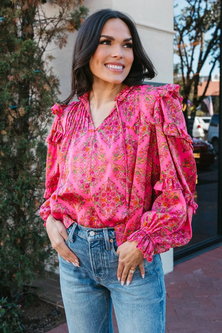 Satin Floral Ruffle Sleeve Top