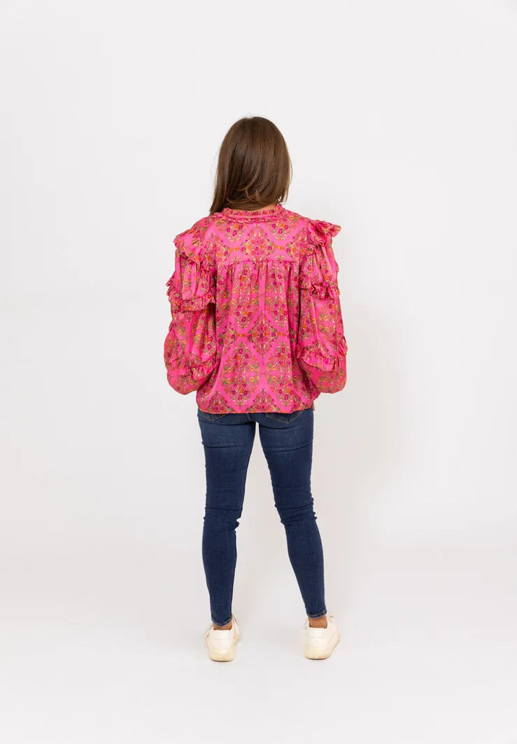 Satin Floral Ruffle Sleeve Top