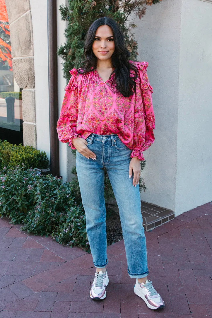Satin Floral Ruffle Sleeve Top