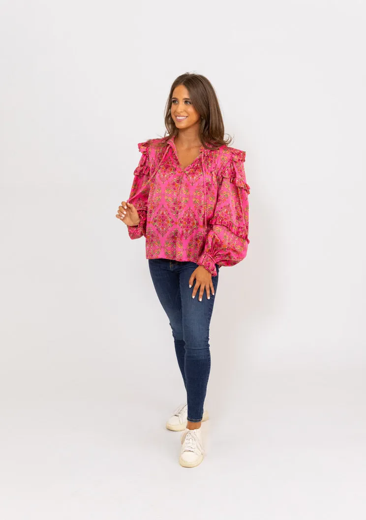 Satin Floral Ruffle Sleeve Top