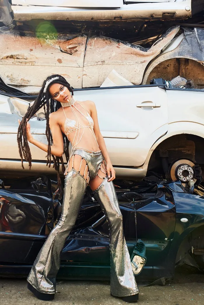 Sequin Chap Flares With Chain Detail
