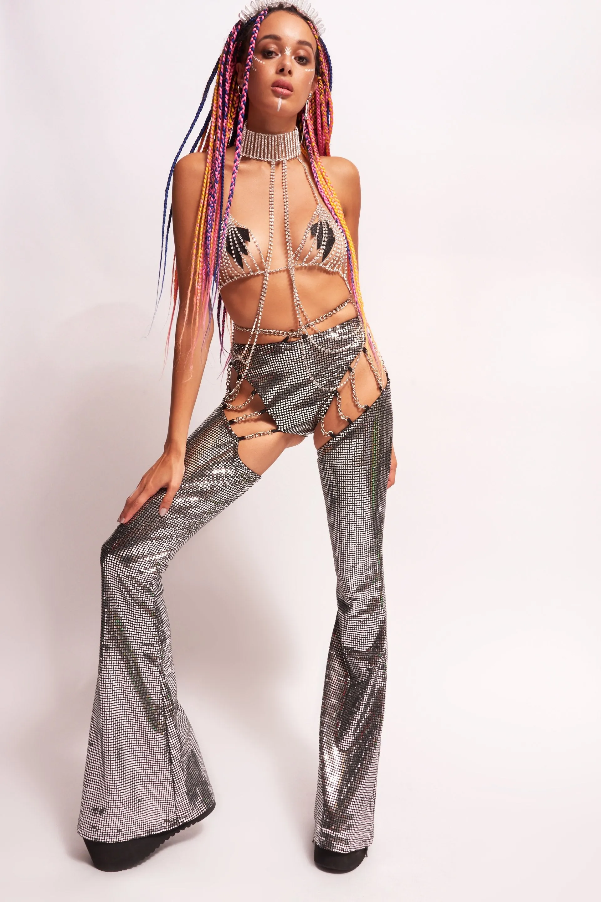 Sequin Chap Flares With Chain Detail