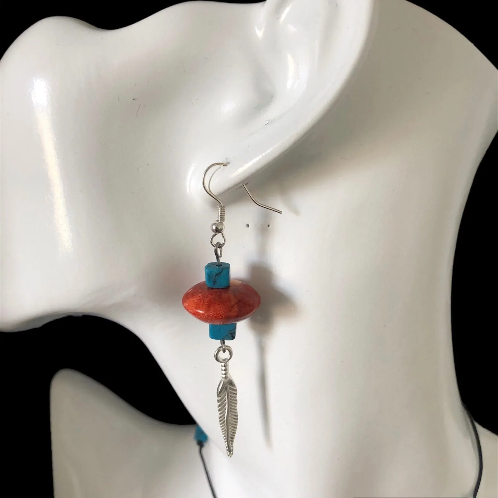 Silver Plated Dangle Earrings with Coral and Howlite