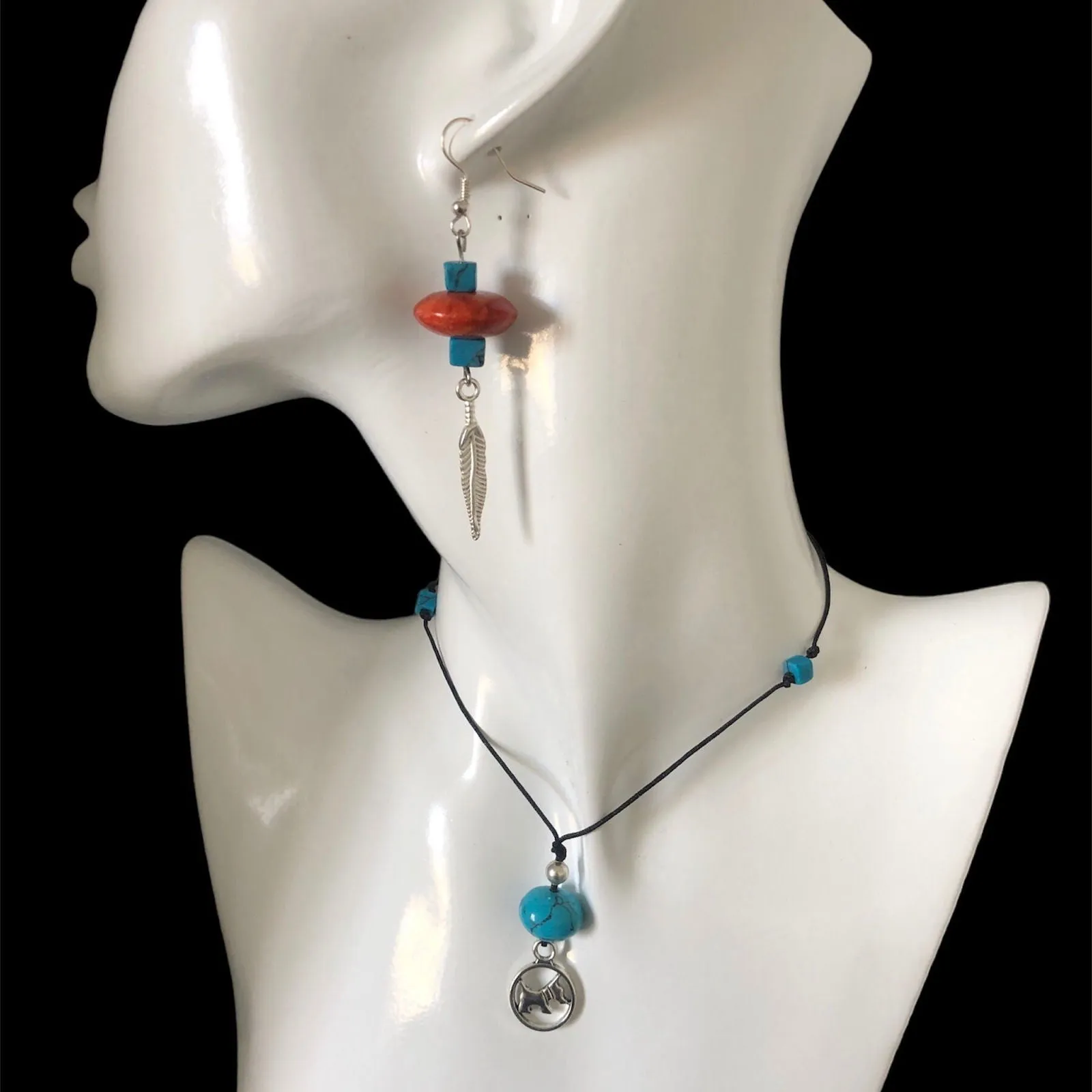Silver Plated Dangle Earrings with Coral and Howlite