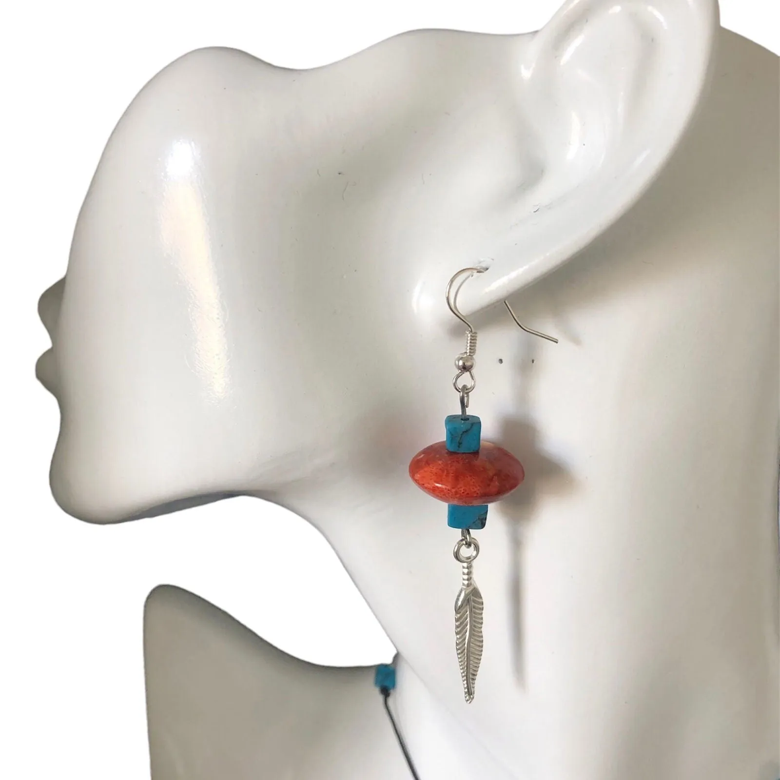Silver Plated Dangle Earrings with Coral and Howlite