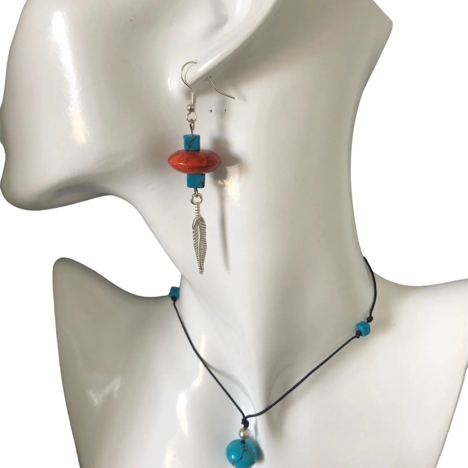 Silver Plated Dangle Earrings with Coral and Howlite