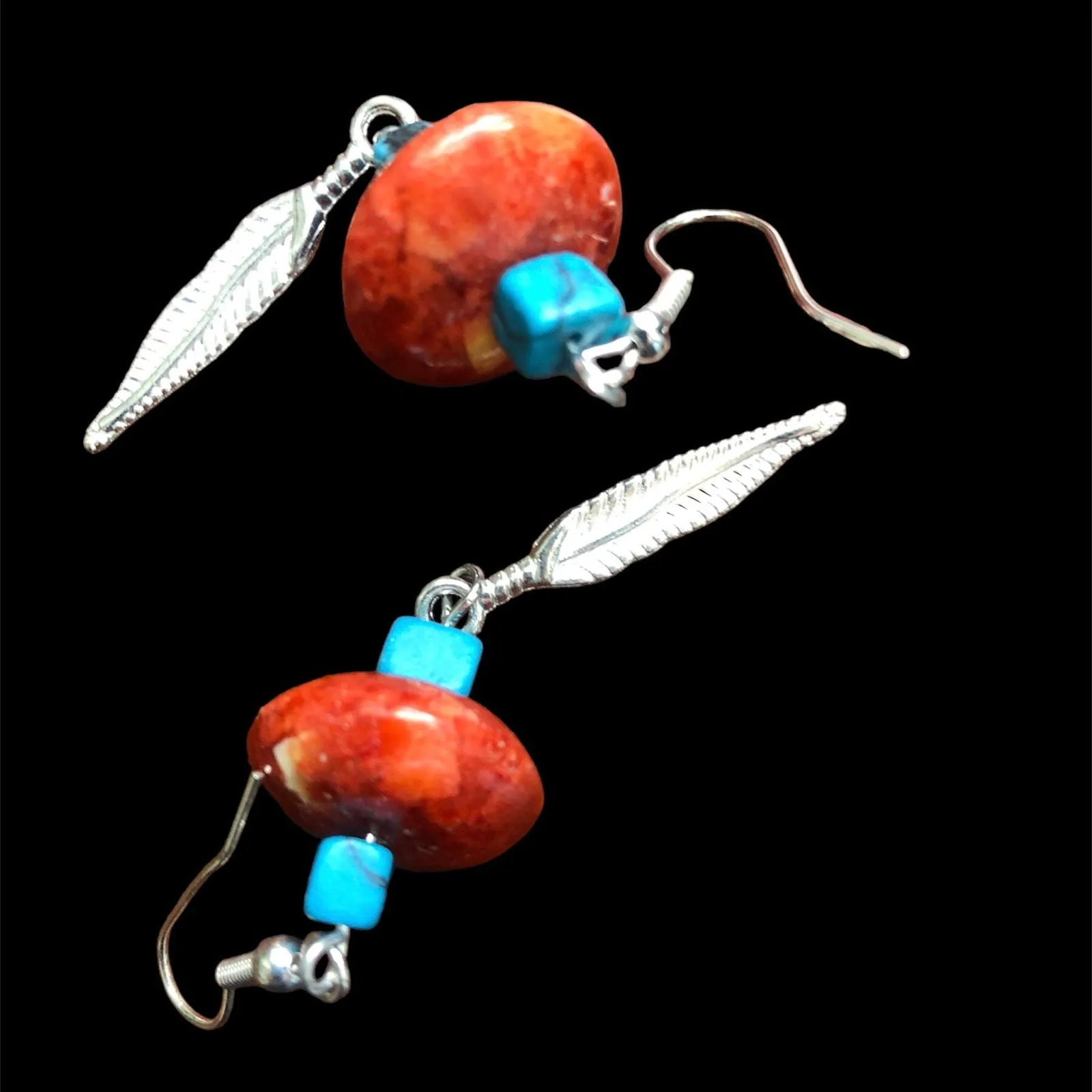 Silver Plated Dangle Earrings with Coral and Howlite