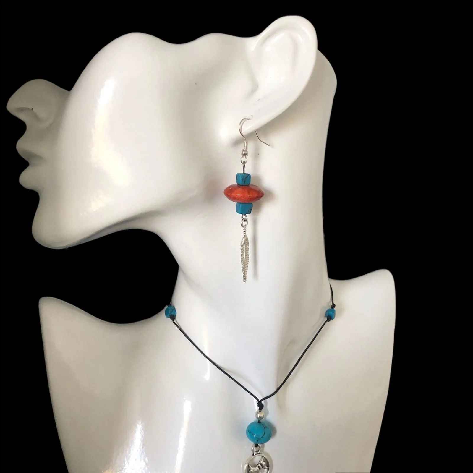 Silver Plated Dangle Earrings with Coral and Howlite