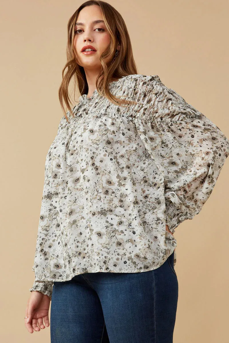 Smocked Blouse with Floral Detail