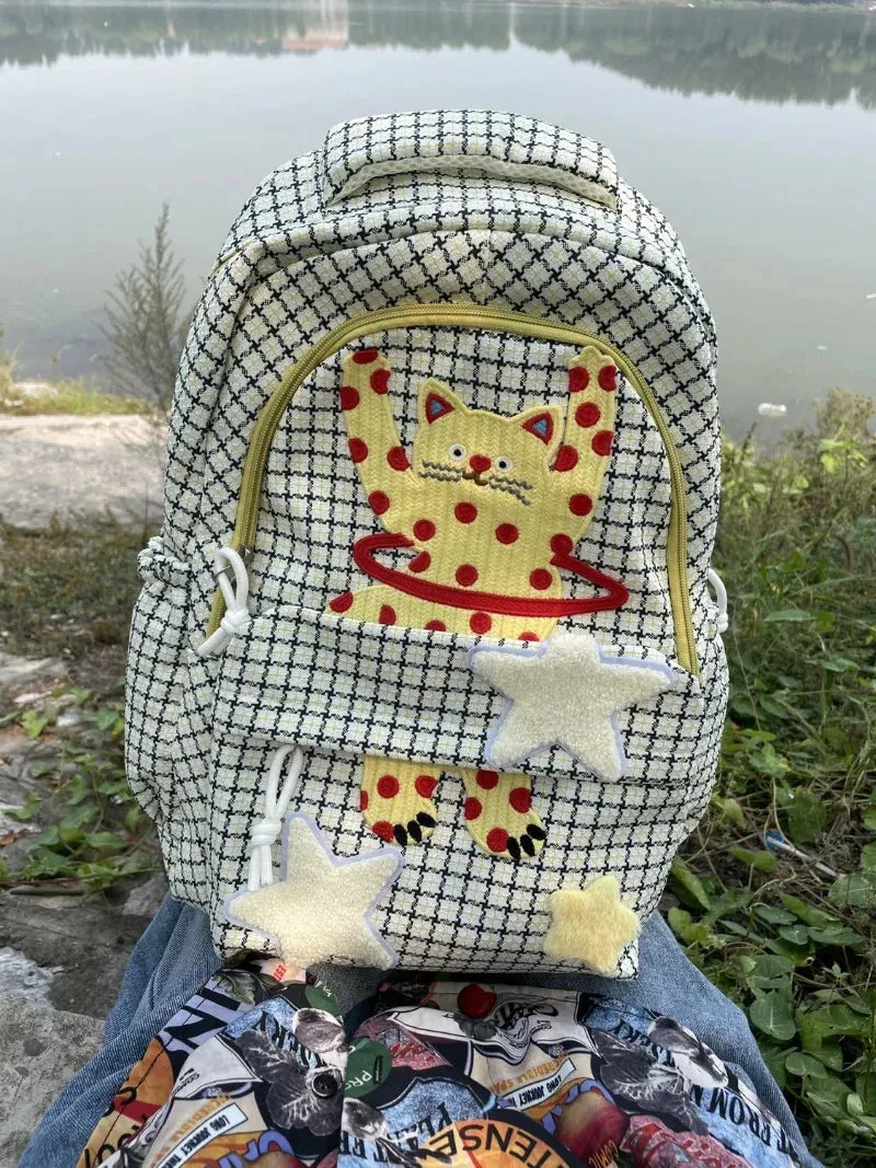 TAVIMART  -  Korean Fashion Star Patchwork Cartoon Cat Y2k Aesthetic Women Backpack High-capacity Travel Rucksack Casual All Match School Bag