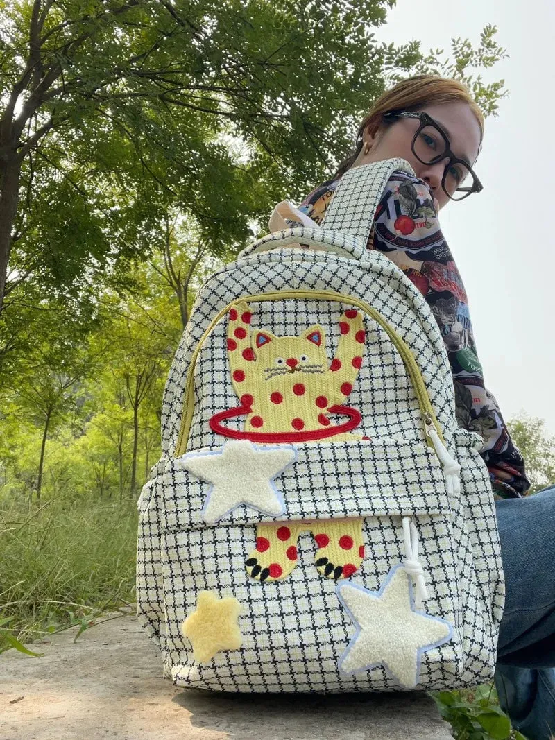 TAVIMART  -  Korean Fashion Star Patchwork Cartoon Cat Y2k Aesthetic Women Backpack High-capacity Travel Rucksack Casual All Match School Bag
