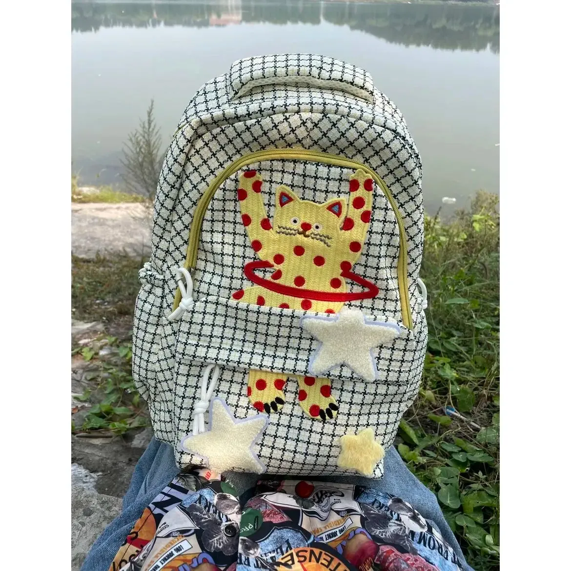 TAVIMART  -  Korean Fashion Star Patchwork Cartoon Cat Y2k Aesthetic Women Backpack High-capacity Travel Rucksack Casual All Match School Bag