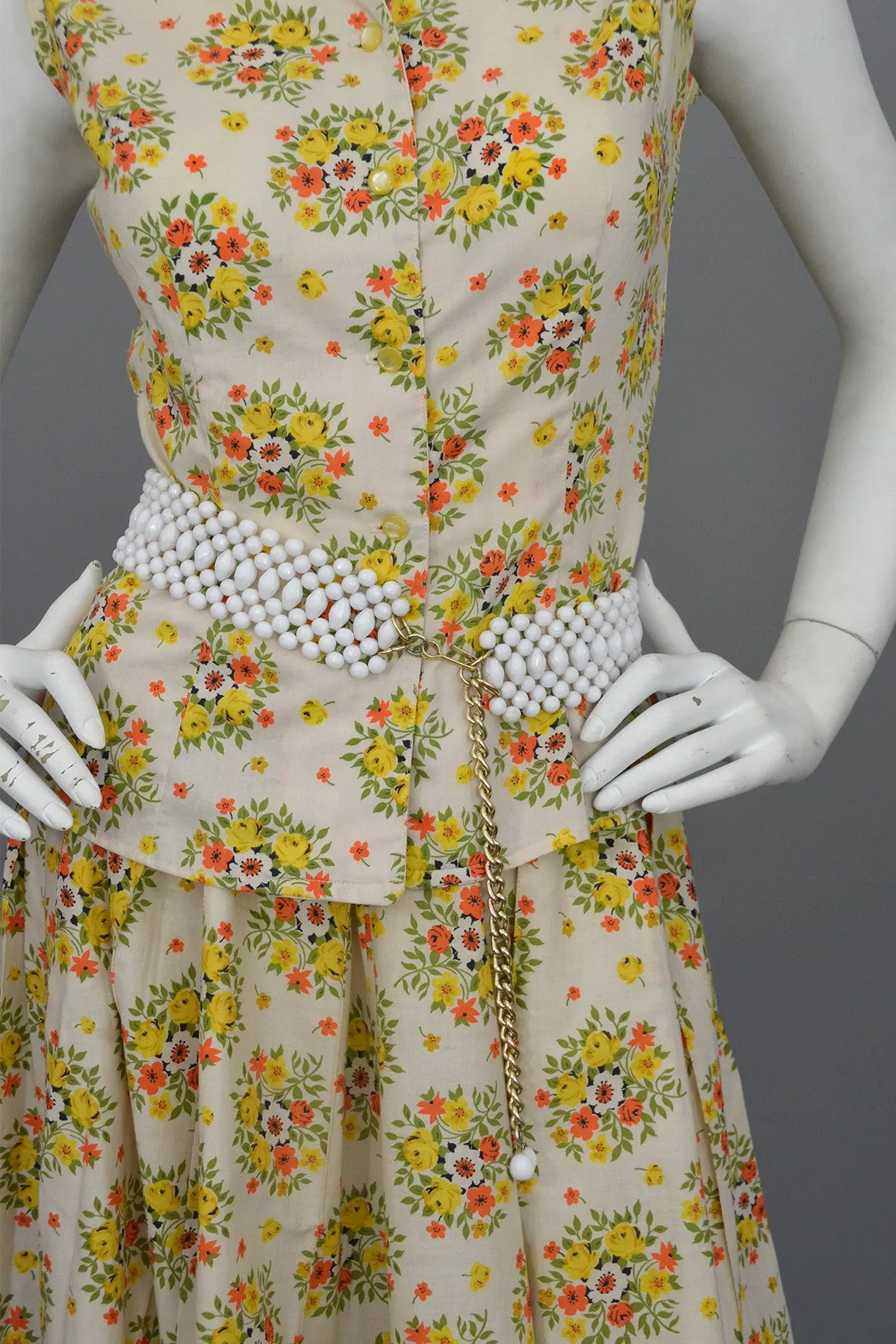 Vintage 1950's Cotton Yellow Rose Print Skirt and Top Dress