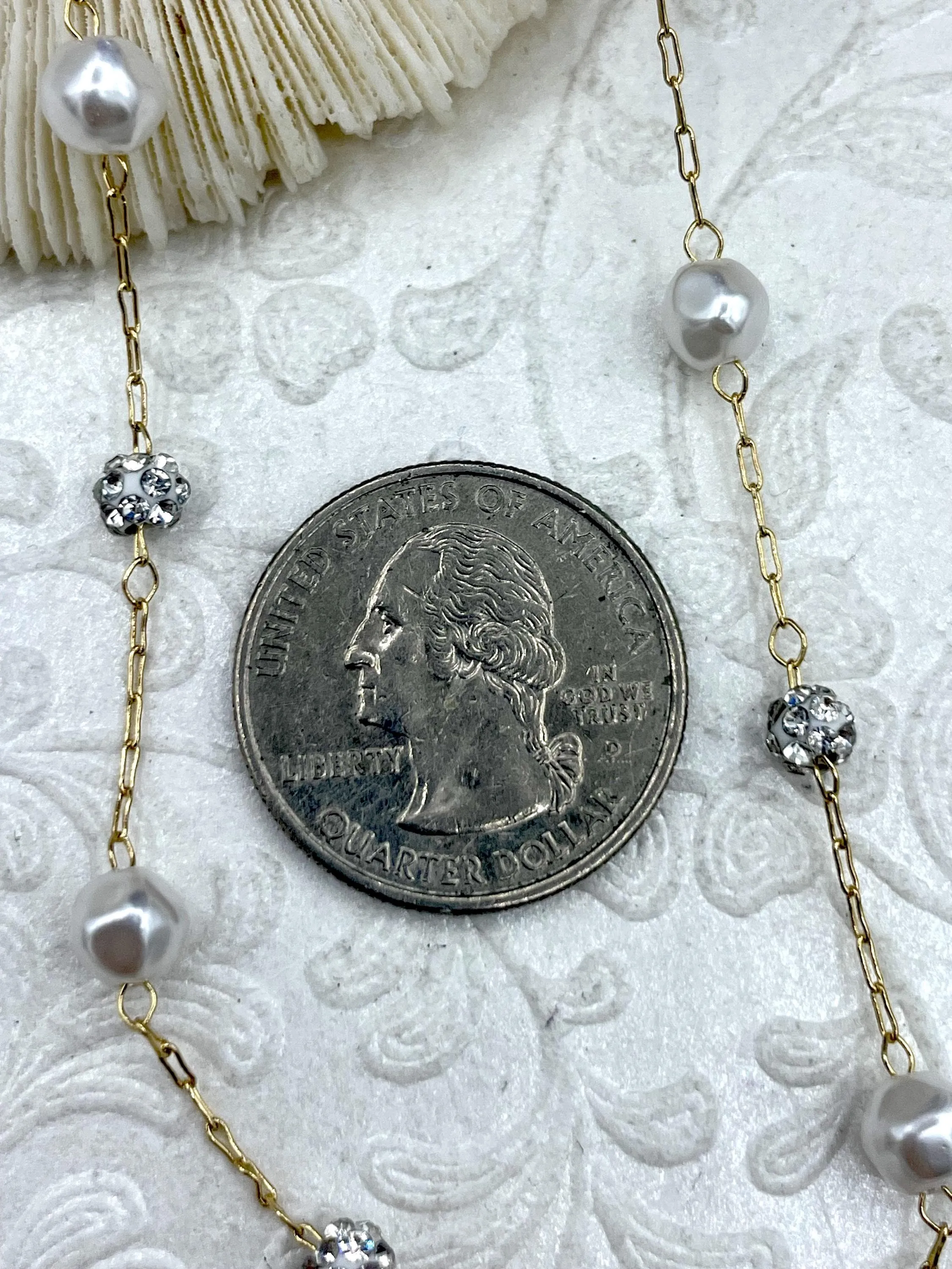 Vintage Faux Pearl Rosary Chain with CZ, White Faux Pearls and CZ Beaded Chain, 6mm Glass Pearls, Gold Wire, By the Foot, Fast Shipping