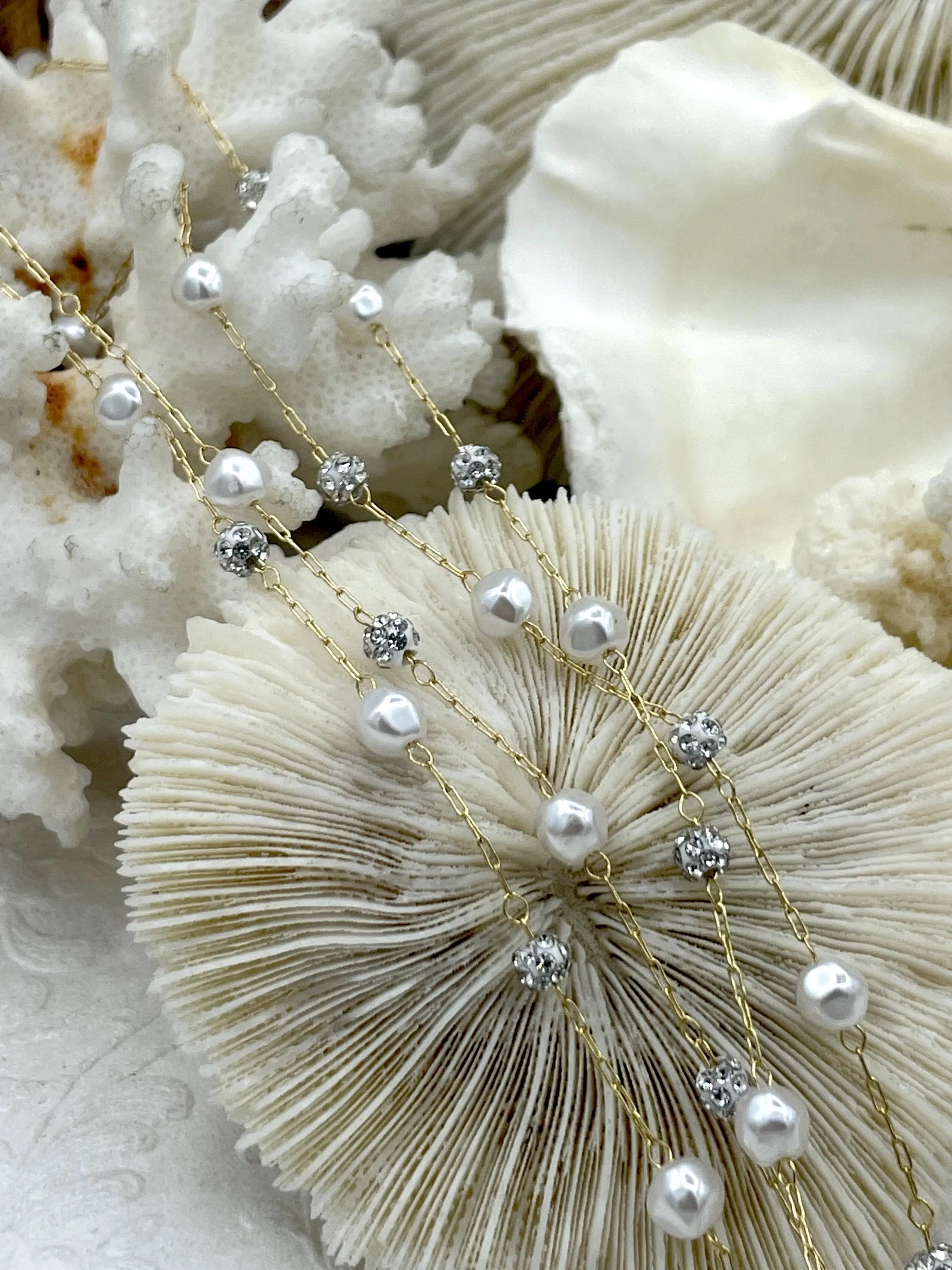 Vintage Faux Pearl Rosary Chain with CZ, White Faux Pearls and CZ Beaded Chain, 6mm Glass Pearls, Gold Wire, By the Foot, Fast Shipping