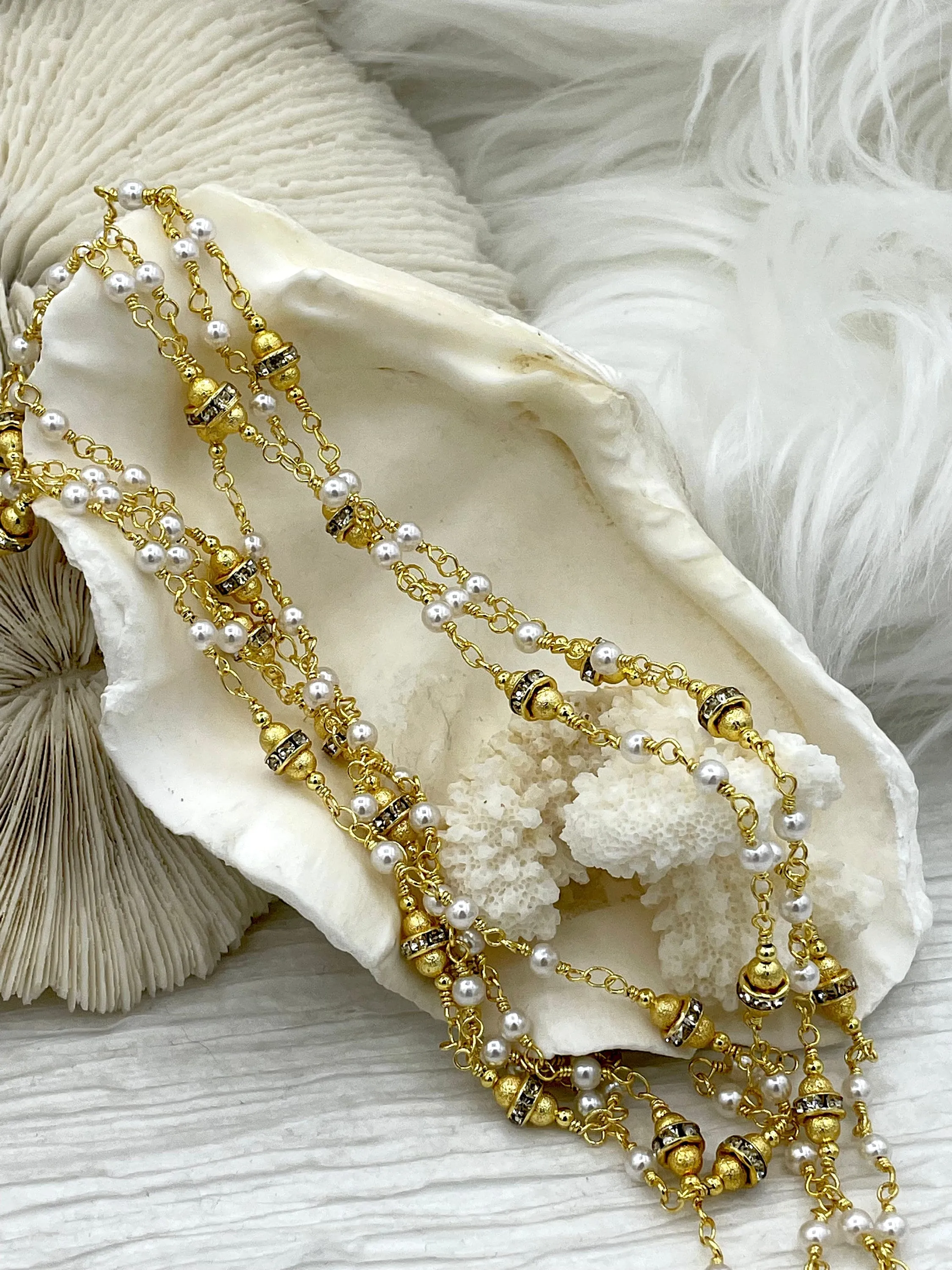 Vintage Glass Pearl Replica, Intricate White Glass Pearl and Crystal Beaded Chain, 3.8mm Glass Pearls, Gold Wire, By the Foot, Fast Shipping