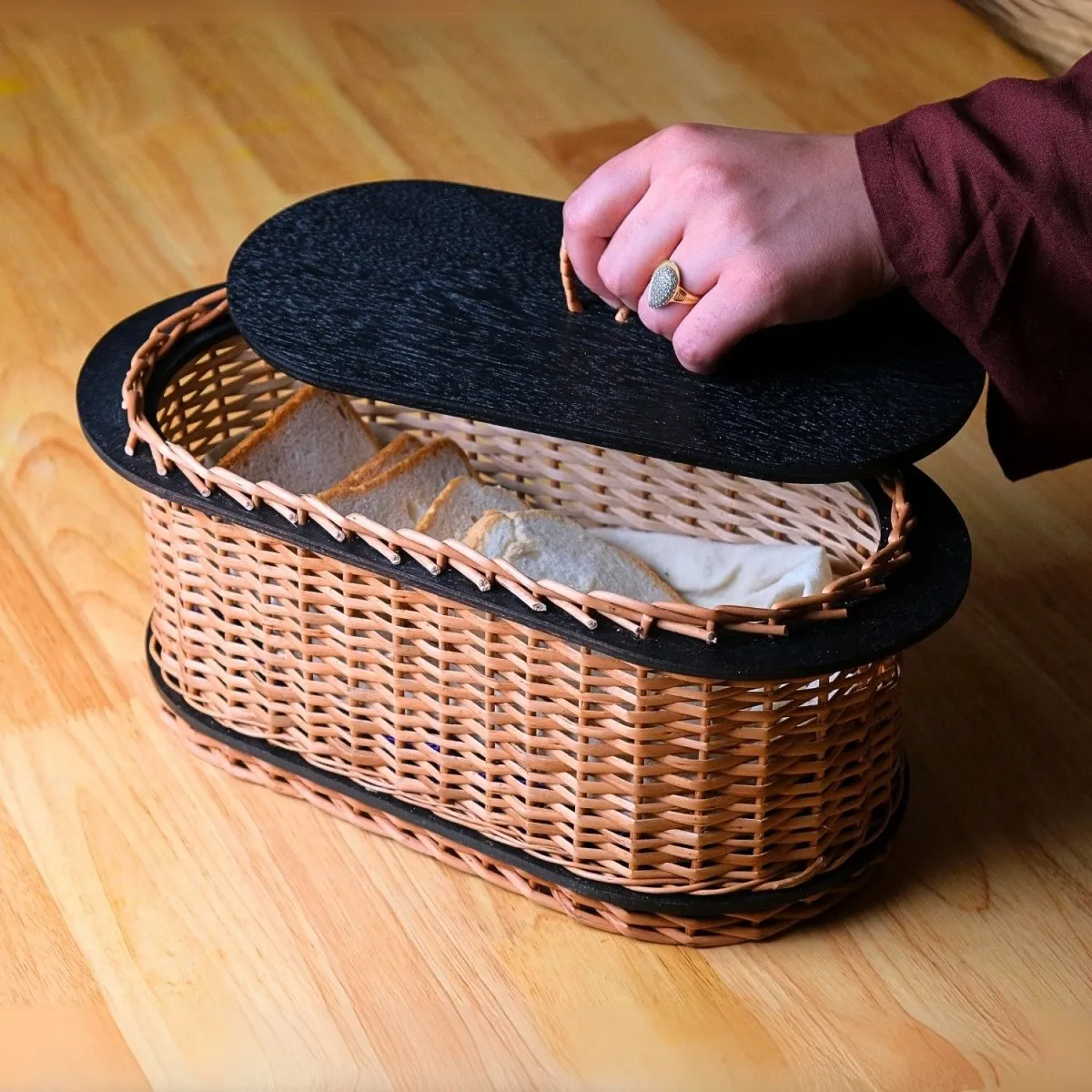Wooden Bread Box Handcrafted & Cutlery Holder In Willow Wicker & Wood | Handmade In India