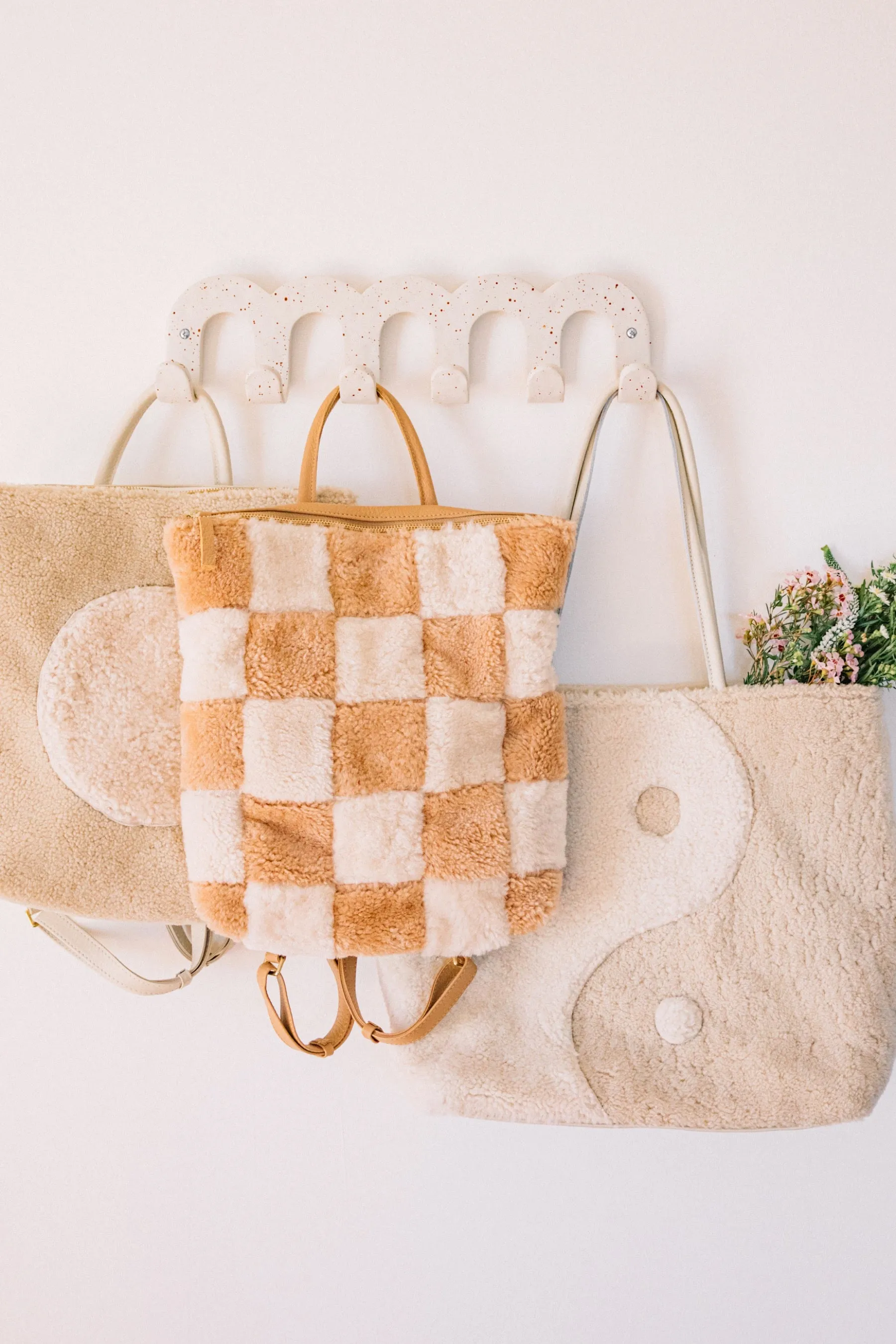 X Prism Tan   Cream Checkered Patchwork Backpack